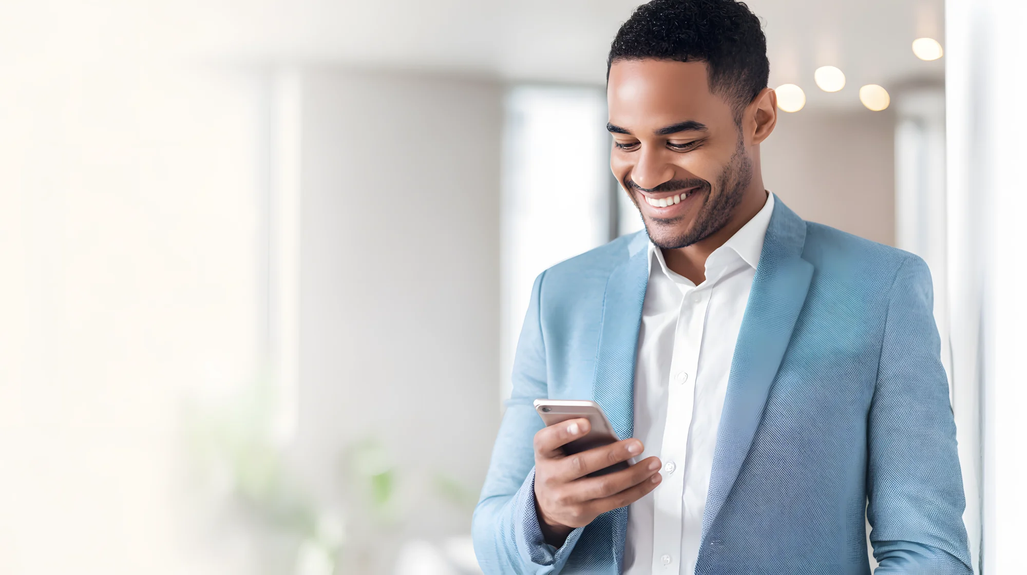 Happy professional using Crane Finance online payday loan application on smartphone