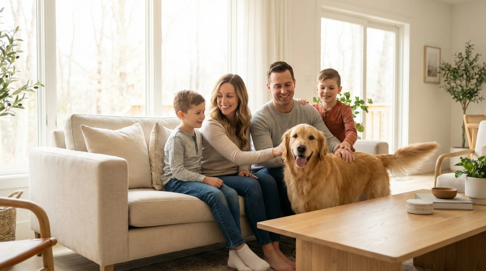 Happy family with their golden retriever dog in a bright living room