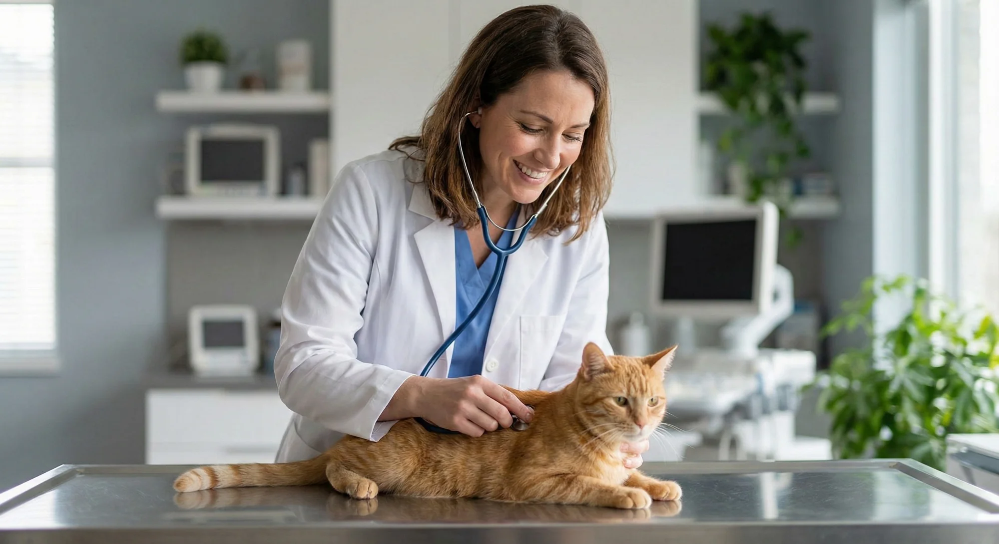 Veterinarian examining a cat